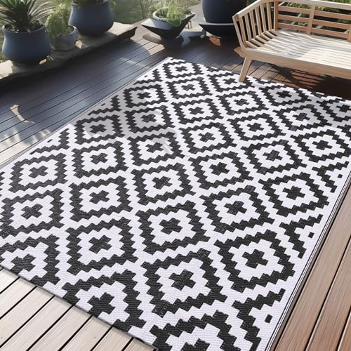 Homaxy Outdoor Teppich Wetterfest, 150x240cm, Schwarz & Weiß | Kunststoff Stroh UV-beständig Wendbar Faltbar Waschbar Balkon Garten Teppich für Terrasse Picknick Camping
