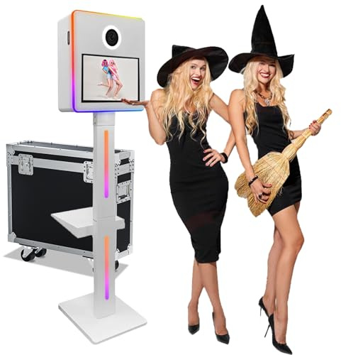 Portable Magic Mirror Photo Booth + Flightcase, 15,6-Zoll-Touchscreen-DSLR-Fotoautomat-Selfie-Maschine für Partys, Events, Hochzeiten, Mini-PC (8 GB + 128 G) + Windows 10 + RGB-Licht,White