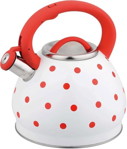 Bouilloire sifflante en acier inoxydable avec poignée ergonomique et poignée ergonomique à pois - Convient à toutes les sources de chaleur - Orange