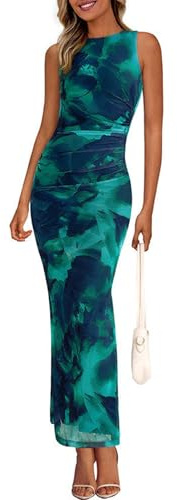 PRETTYGARDEN Wedding Guest Dresses for Women 2025 Summer Spring Floral Bodycon Sleeveless Mesh Maxi Long Dress(Lake Blue Floral,Medium)
