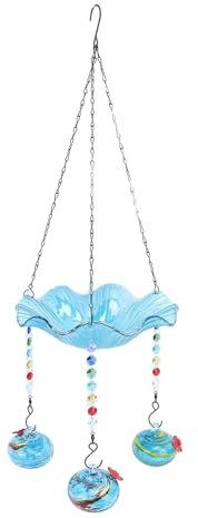 FLEXMAN Bain d'oiseaux Suspendu, Bain d'oiseaux Solaire, Fontaine à Oiseaux en Verre pour L'Extérieur avec 3 Boules de Nourriture pour Colibris pour Décorer Les Jardins, Les Arrièr