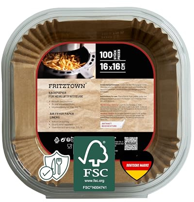 FRITZTOWN Backpapier für Heißluftfritteuse 1,2L-4,5L | Air Fryer Backpapier Pergamentpapier | 100 Blatt 16x16 cm Quadratisch | Kompatibel mit Ninja COSORI Philips Cecotec Midea Russell XL XXL Airfryer