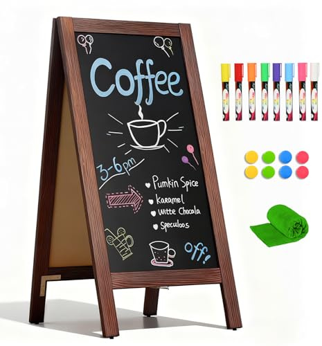 4 THOUGHT A-Frame Double-Sided Magnetic Chalkboard 40x20, Solid Pine Wood Freestanding Sandwich Board for Cafes, Restaurants, Weddings (Rustic Brown)