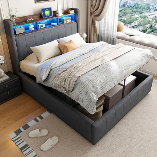 Hydraulisch Polsterbett mit LED-Beleuchtung und USB-Steckdose Doppelbett Kopfteil mit Einlegeböden und Stauraum Stauraumbett Bettkasten Leinenstoff Gästebett Grau 140x200 cm