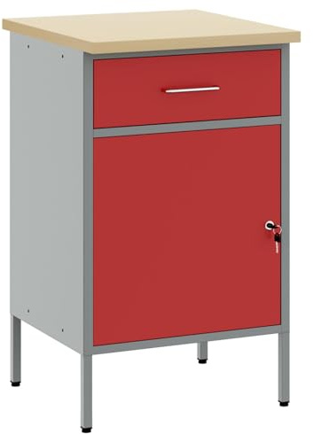 vidaXL Work Bench with Drawer with Lock Red and Grey 50 x 55 x 85 cm | Comes with a lockable door to keep your valuables safe, Has one big drawer and a cabinet for neat storage,