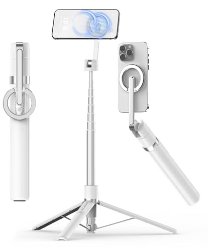TONEOF 68 Magnetic Selfie Stick Tripod with Aluminum Strong Magnetic Holder for Magsafe, 360° Rotatable Travel Phone Tripod Stand with Metal Ring & Rechargeable Remote for iPhone/Android（White）