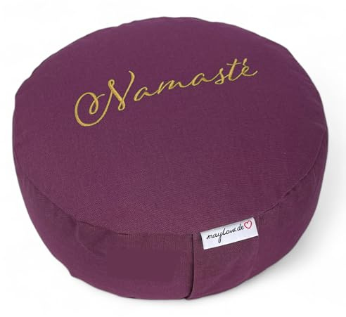 maylow Yoga mit Herz® Hochwertige Meditationskissen Yogakissen Stickerei Namasté Bezug waschbar Innenkissen Buchweizenschalen Ø33 cm H:15cm (Personalisierung nach Wunsch)