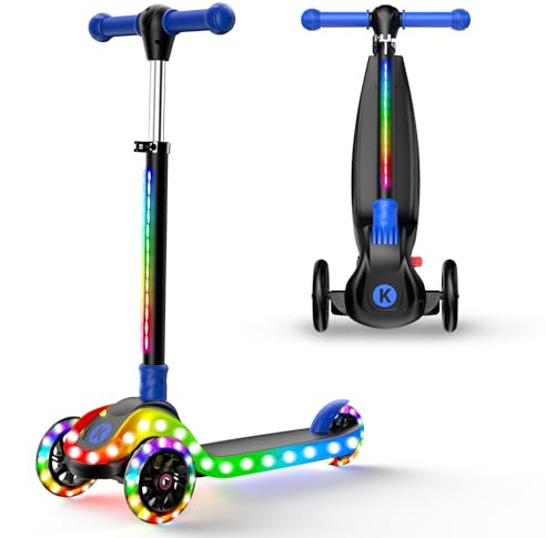 Kidscoter 3-hjuls sparkcykel med ljusmönster, justerbar höjd, vikbar sparkcykel för pojkar och flickor i åldrarna 3–12, upplyst styre och däck, 59 kg viktgräns, present till småbarn, rosa/blå/lila