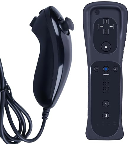 MOVHEIYL Ersatz fernbedienung für Wii und Wii U, integriertes 2-in-1 Motion Plus mit Silikonhülle und Nunchuck (Schwarz)