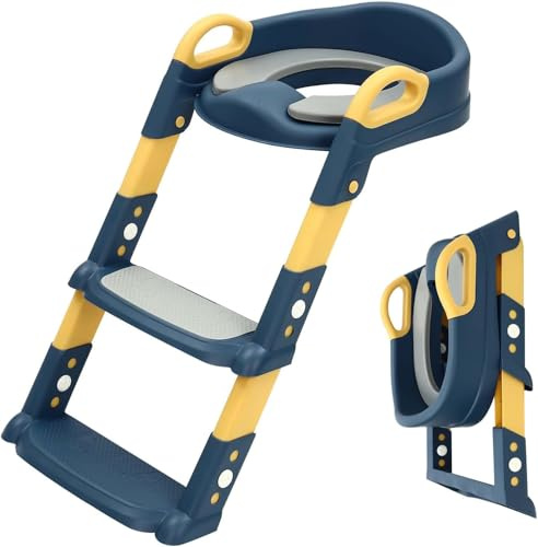 Toilettenleiter für Kinder, 2 in 1 Toilettentrainer mit Treppe, 34×34×44cm WC Sitz mit Treppe, Verstellbar Toilettenaufsatz Kinder mit PU-Sitzkissen für Jung und Mädchen von 2-7 Jahre Alt (Blau)
