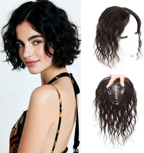 EREE HAIR Echthaar-Topper mit 28 cm freiem Scheitel, gelockt für Damen, 7 x 10 cm, Schweizer Spitze 360°-3D-Abdeckung gewelltes Clip-in-Oberteil Haarteil für dünner werdendes Haar (Naturfarbe)