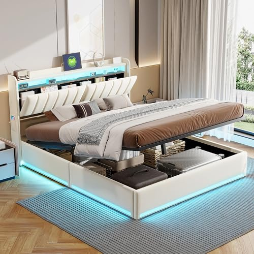 Polsterbett, 140 x 200 cm, mit LED und hydraulischer Aufbewahrung, Doppelbett mit USB, Bett für Jugendliche, Samt, ohne Matratze, Beige