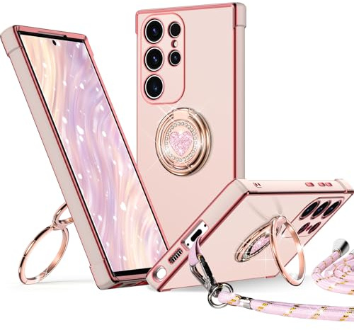 XYZ Coque pour Samsung Galaxy S26 Ultra, avec Double Anneau de Support Cœur, avec Lanière pour Filles etmmes, Coque de Protection Luxe Mignonne et Scintillante pour Samsung S26 Ultra, Rose