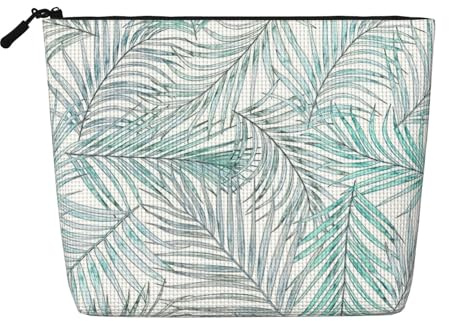 Palm Tree Leaves Makeup Bag Large Capacity Fake Hemp, Portable Zippered Case Water Resistant Toiletry Pouch