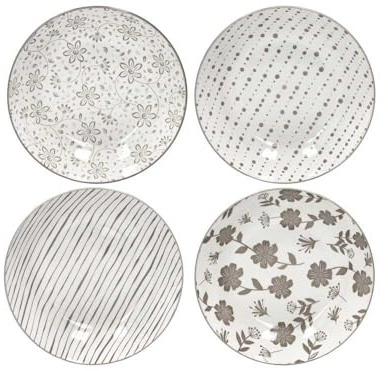 BRANDANI Piatto Fondo Loto Tortora Set 4 Pezzi Decori Assortiti Porcellana 20cm