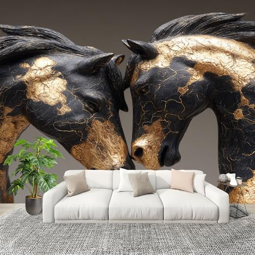 Papel Pintado Infantil Habitación 300x210 cm Lujo Negro Y Dorado Caballos Al Galope Fotomurales Pared Tejido No Tejido Decorativos Murales Fotográfico Gris Moderno Decoración de Paredes