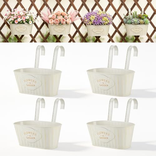 27.5cm Over Fence Planters, 4 Metal Hanging Plant Pots, Retro Milky White | Balcony Planters for Railing, Fence Hanging Planter with Detachable Hooks, Hanging Plant Pots Outdoor for Fences/Garden/Home