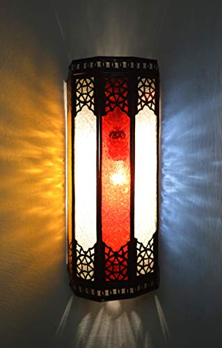 Hectagonal Moroccan Wall Lampshade - Multicoloured Glass in Fret Work Metal- H32 W20 D16 cm