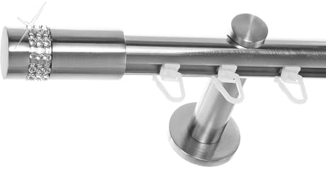 BASIT Gardinenstange Innenlauf Edelstahllook 20mm 1-läufig Wand 120cm H30 | Gardinenstangenset einläufig Wandmontage Metall Vorhangstange Wandhalterung 120-600cm wählbar Kappe Zylinder mit Kristall E38