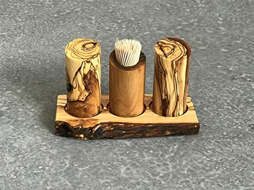 Salz- und Pfefferstreuer aus Olivenholz, handgefertigt, Zahnstocher und Ständer, 4 Stück