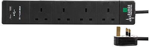 Pro Elec PEL00102 4 Way 2 USB Surge Protected Extension Lead, 3 m, Black