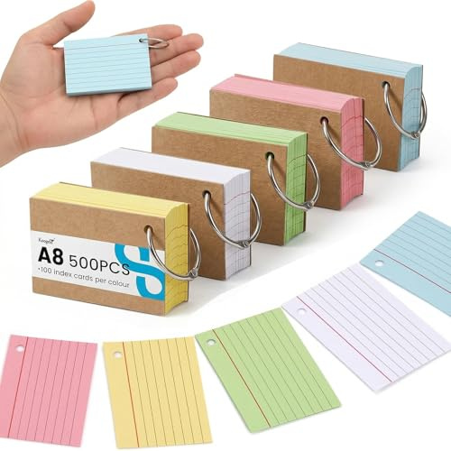 Koogel 500 Flash Cards 5 Colours A8, Ruled Revision Cards with Rings | Colour-Coded Flashcards for GCSE, A-Level & University, Mini Cute Stationery – Essential School Supplies for Classroom & Home