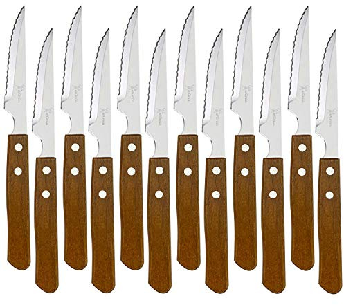 e!Orion Juego de 12 Cuchillos chuletero de Mesa con Mango de Madera Natural, Cuchillo de Carne Acero Inoxidable - Hoja de Microdentado