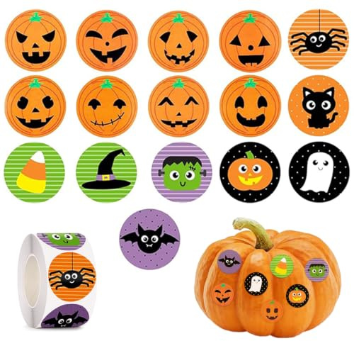 Halloween-Aufkleber für Kinder, 1000 Stück Byhoo Halloween-Kürbis-Fledermaus-Spinnen-Aufkleber, Rolle, 16 lebendige Farben und Designs, runde Siegel-Etiketten-Aufkleber, Umschlag-Siegel-Aufkleber