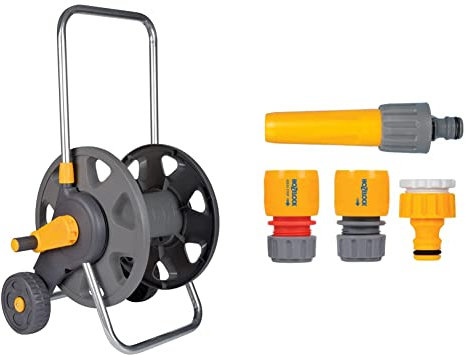 HOZELOCK - Cart Reel 60 m without Equipment : Max Capacity 60m, Reinforced Axis, Freestanding & Hozelock 2352 Hose Fitting Starter Set