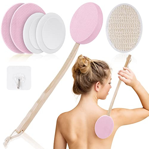 URAQT 7pcs Applicatore per crema schiena, con manico in legno, Rosa | confezione applicatori per lozioni per schiena, spazzola per il corpo 2 in 1, per applicazione e doccia