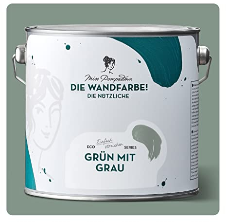 MissPompadour abwaschbare Wandfarbe Grün mit Grau 2,5L - hohe Deckkraft & Ergiebigkeit - matte, scheuerbeständige Innenfarbe - geruchsarm, wasserbasiert, atmungsaktiv - Die Nützliche