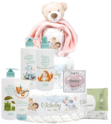 Mababyshop Mi Chupete Personalizado, Tarta de Pañales Talla 2 con Dou Dou Osito Sonajero, Chupete con Nombre, Set de Higiene, Toallitas y Regalo para Bebé (Rosa)