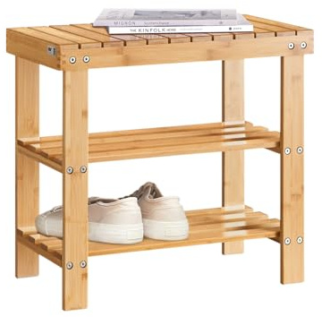 SoBuy Schuhregal Sitzbank aus Bambus 50x45x29cm für Flur | Schuhbank mit Sitzfläche aus lackiertem Bambus, Belastbarkeit 90kg, Fußbodenschoner, 2 Jahre Garantie, natur FSR02-K-N
