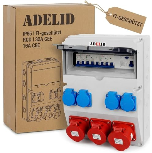 ADELID Baustromverteiler 1x 32A 2x 16A 5-polig CEE 4x 230V Schuko | IP65 Wandverteiler mit FI-Schalter, Leitungsschutzschalter | Stromverteiler Drehstromverteiler 400V