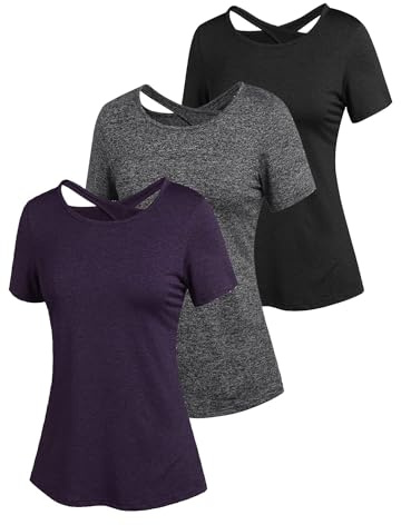 ADOME Sportshirt Damen Funktionsshirt Damen Running Fitness Shirts Sportbekleidung Kurzarm Oberteile Rückenfreies Oberteil Shortsleeve Yoga Top 3er Pack Pat3 XL
