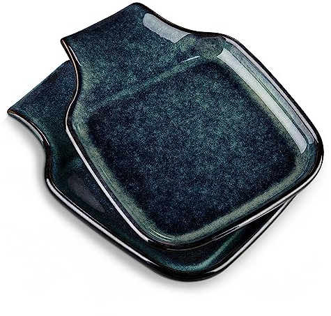 vancasso Stern Spoon Rest for Kitchen, Square Ceramic Spoon Holder, Heat Resistant Utensil Rest for Countertop, Tea Bag Holder Dish, Dishwasher Safe, Kiln Green, 2 Pack