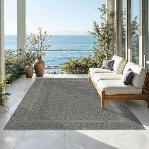 Mia´s Teppiche Malaga Outdoor Teppich Wetterfest – Balkonteppich & Terrassenteppich, Indoor Outdoor Flachgewebe, Waschbar, UV-beständig & Pflegeleicht, Anthrazit, 140 x 200 cm