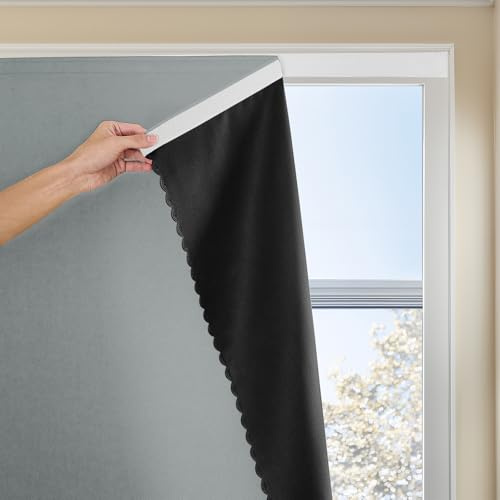 JILRON Magic Tape Stick on Portable Curtains for Windows,Bedroom Blackout Curtains for - Thermal Lnsulated No Drill Curtains Room Darkening Black Small Drapes(1 Panels,35Wx48L inch-Silver Gray)
