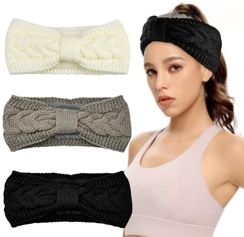 INFOMAG 3PCS Bandeau Cheveux Femme Hiver Avec Doublure en Peluche Tricoté Bandeau Femme Elastique Chaud Headband Serre-Tête Bandeau Tricoté Bandeau Oreille Femme Cache Oreille(Noir, Gris Clair, Blanc)