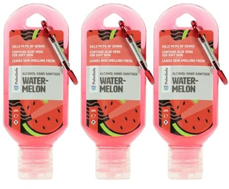 Palm Safe Watermelon 3 Pack 60ml Anti Bacterial Premium Hand Sanitiser Travel Size Refillable Clip Bottle Quick Drying Non Sticky Extra Moisturising Kills 99.9% of Viruses and Bacteria