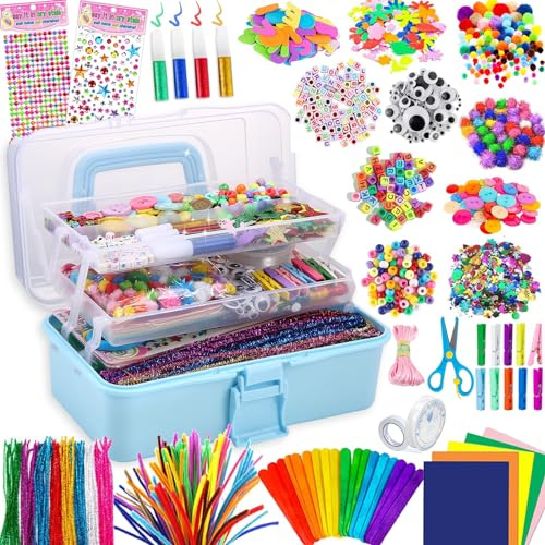 Gutenguy Bastelset Kinder, 3000+Pcs Bastelkoffer Bastelbedarf Material Set, Große Bastelbox Geschenke für Mädchen Jungen3 4 5 6 7 8 9 10 11 12 Jahre-Hellgrün
