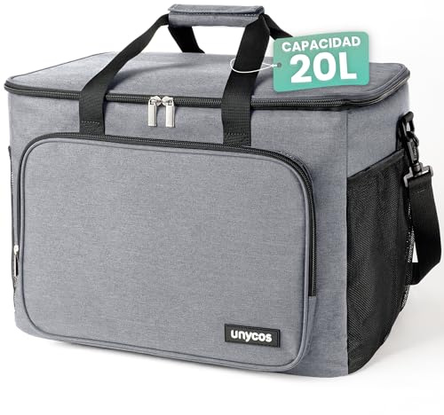 unycos - Bolsa Térmica Porta Alimentos【20L】 Nevera Portátil, Lunch Box Impermeable, Hermética e Isotérmica, Porta Fiambrera de Gran Capacidad para Almuerzo, Oficina, Viaje, Pícnic o Colegio (Gris)