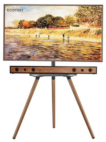 ECOTINY Tripod Easel TV Stand for 43 to 65 Inch LCD LED OLED Screen, Height Adjustable and Swievel TV Stand, Portable Corner TV Floor Stand with Wooden Tray, VESA 400x400mm, Minimalist Black Walnut