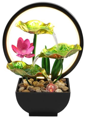 Tabletop Fountain 3-Tiers Leaf Small Waterfall Fountains Indoor Water Fountain with Rocks and LED Ring Lights, Desktop Fountains for Meditation Relaxation Home Bedroom Living Room Office Decor