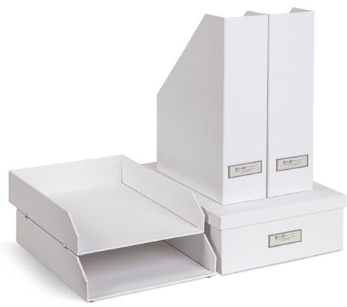 BIGSO HOLGER 5-teiliges Schreibtisch Set – Ordnungssystem mit 2 Stehsammlern, 2 Briefablagen und einer Box – Organizer aus Faserplatte und Papier – weiß
