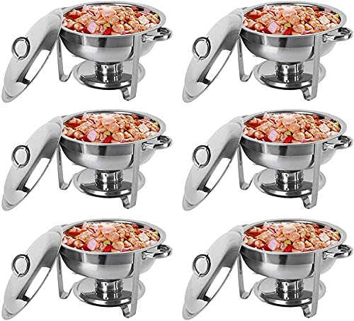 DLAZUM und Buffetwärmer-Sets – 5 Qt große runde Chafing Dish aus Edelstahl mit Lebensmittelpfanne, Wasserwannendeckelrahmen und Brennstoffhalter für Catering-Partys (6 Stück)