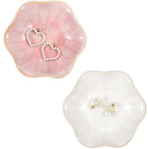 Jeesblsy Plat à Bijoux en Céramique Fleur 2 Styles, Petit Plateau Anneau Stockage, Bibelot Boucles Aesthetic pour Décoration Maison Mariage Cadeau Femmes (Rose/Blanc)