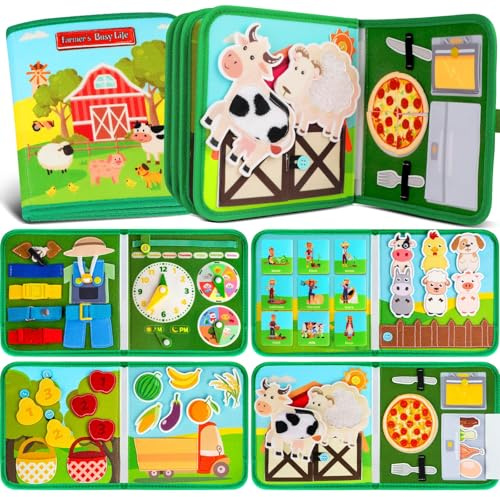 Quanquer Busy Board Book Montessori Toys for Toddler 1 2 3 4 Years Old - Farm Animal Sensory Book for Baby with Life Skills, Cognition, Sorting, Matching - Newborns' Birthday Gift for Kids Boy Girl
