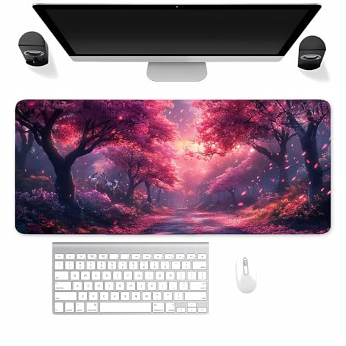 Gaming Mauspad XXL Lila Landschaftsbaum Mousepad 800x400x3mm Verlängertes groß Mauspad mit vernähten Kanten Waschbares Tischunterlage für Büro, Zuhause, Tastatur