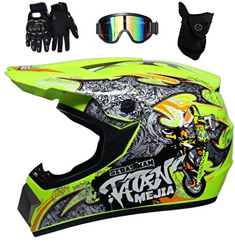 Juventud Integral MTB Casco de Motocross, Doble Deporte Off Road Calle ATV Scooter Moto Casco, Unisexo Cuesta Abajo Enduro Quad Dirt Bike Chocar Cascos, con Gafas Guantes Mascarilla(Yellow,S/52-53CM)